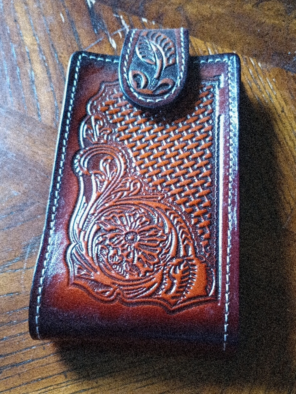 Hand-Tooled Brown Leather Phone Sleeve with Snap Closure